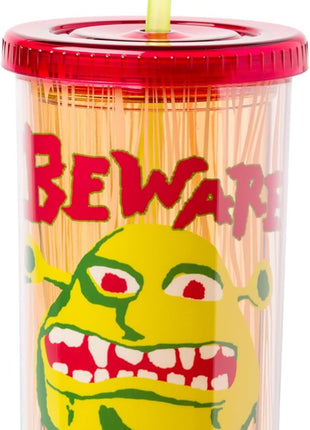 Silver Buffalo Shrek Beware Ogre Plastic Tall Cold Cup with Lid and Straw, 20 Ounces