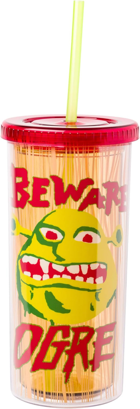 Silver Buffalo Shrek Beware Ogre Plastic Tall Cold Cup with Lid and Straw, 20 Ounces