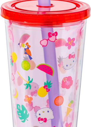 Silver Buffalo Sanrio Hello Kitty Tropical Summer Plastic Boba Tumbler with Lid and Wide Straw, 24 Ounces