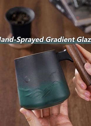 ZENS Embossed Ceramic Tea Mug with Infuser and Lid, 14.5 oz Wooden Handle, Loose Leaf Tea Steeper Mugs & Strainer for Tea Lovers Gifts