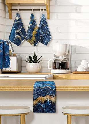 Boyiee Set of 6 Marble Kitchen Towels Blue Gold Hand Modern Absorbent Soft Decorative Dish Tea Towels 24 x 16 Inches Kitchen Gifts for Farmhouse Bathroom Decorations