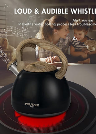 POLIVIAR Tea Kettle, Black Ti Stovetop Tea Kettle 2.7 Quart , Audible Whistling Teapot, Food Grade Stainless Steel for Anti-Rust and Anti Hot Handle, Suitable for All Heat Sources (JX2018-WB20)