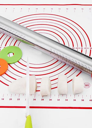 Stainless Steel Rolling Pin and Silicone Mat Set, Adjustable Thickness Rings - For Baking Dough, Pizza, Pies, Pastries, Pasta, Cookies