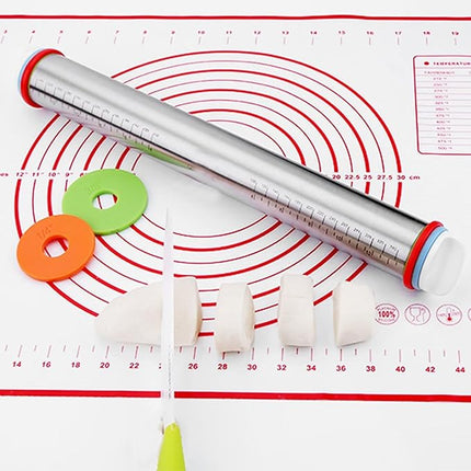 Stainless Steel Rolling Pin and Silicone Mat Set, Adjustable Thickness Rings - For Baking Dough, Pizza, Pies, Pastries, Pasta, Cookies