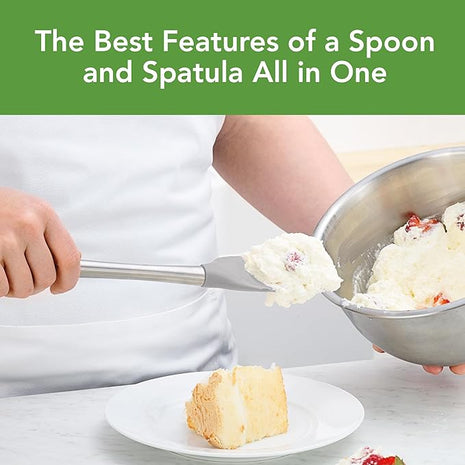 Tovolo Spoon Spatula Spoonula with Stainless Steel Handle Ergonomic Grip Oyster Gray, Silicone Scoopula Kitchen Utensil Non Scratch Easy Clean Dishwasher Safe Heat Resistant Flex Core Scoop Spatula