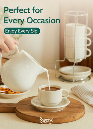 Sweese Porcelain Espresso Cups Set, 2.5 oz, with Saucers, Metal Stand, Stackable - Dove Grey, 4 Pack