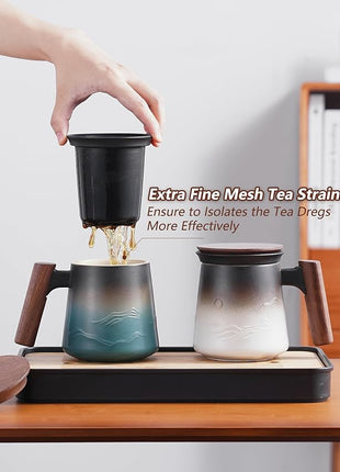 ZENS Embossed Ceramic Tea Mug with Infuser and Lid, 14.5 oz Wooden Handle, Loose Leaf Tea Steeper Cup & Strainer for Tea Lovers Gifts