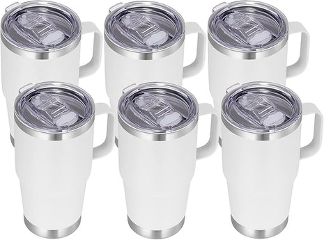 VEGOND 20 oz Tumbler Bulk with Handle Lid and Straw, Stainless Steel Insulated Travel Coffee Mug Set, Spill Proof Double Wall Metal Tumblers Cups, White 6 Pack