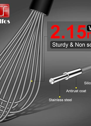 Walfos Whisk, Silicone Whisks Set of 5, Mini Stainless Steel Whisk 7in+5in and Non Scratch Coated 7+9+11in Whisks, Suitable for Blending, Whisking, Beating, Frothing & Stirring. (Grey)