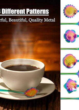 Chengu 8 Pieces Flower Coffee Tea Spoons Stainless Steel Sugar Spoons Tea Party Flower Fancy Tableware Set Stir Bar Creative Stirring Teaspoon, 8 Different Patterns(Rainbow Color)