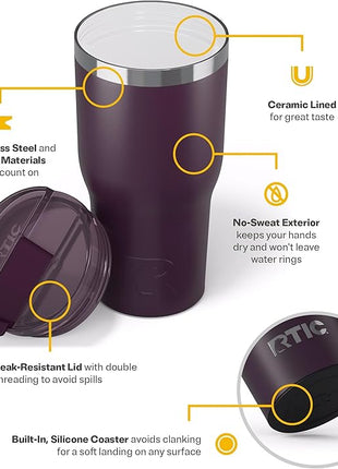 RTIC 30oz Essential Tumbler with Lid, Ceramic Lined, Insulated, Stainless Steel, Metal, Double Wall Vacuum-Insulation, Travel Cup for Iced Coffee, Tea, Hot and Cold Drink, Plum