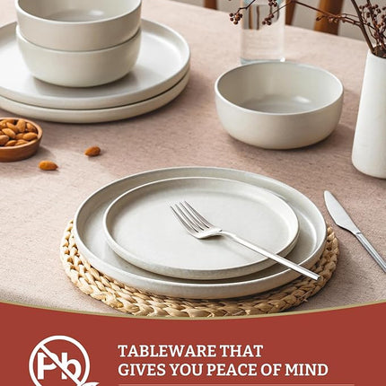 Famiware Milkyway Stoneware Dinnerware Sets with Mugs, Service for 4 (16 Pieces), Reactive Glaze Plates and Bowls Sets, Microwave and Dishwasher Safe Dishes Set, Matte Beige White