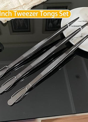 JETKONG 12-Inch Cooking Tweezers Tongs Precision Serrated Tips Stainless Steel Chef Tweezer, Set of 3 (12 12 12 Inch, Black)