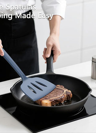 Coukre 3 Pack Silicone Spatula Set, High Heat Resistant, BPA-Free, Fish Spatula, Solid & Slotted Turner for Non-Stick Pans, Flipping Eggs, Pancakes, Fish, Burgers (3, PureDarkBlue)