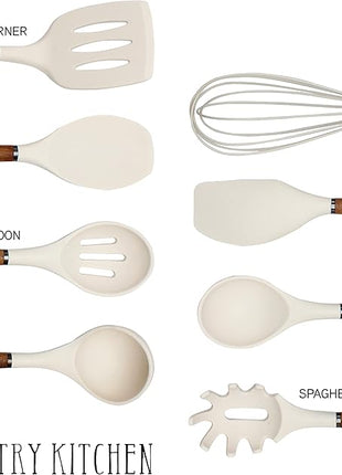 Country Kitchen Non Stick Silicone Utensil Set with Rounded Wood Handles for Cooking and Baking, 8 Piece Set, Khaki