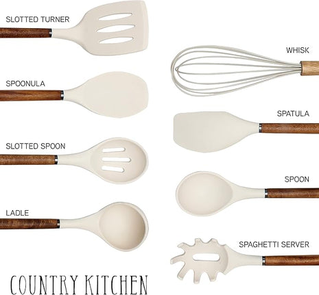 Country Kitchen Non Stick Silicone Utensil Set with Rounded Wood Handles for Cooking and Baking, 8 Piece Set, Khaki