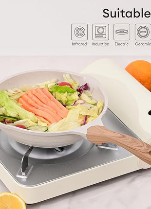 JEETEE 11 Inch Nonstick Frying Pan, Stone Coating Cookware, Nonstick Omelette Pan with Heat-Resistant Handle, Compatible with All Stoves (Beige)