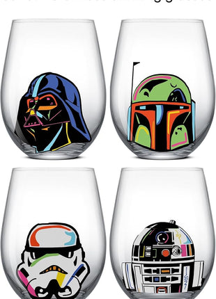 JoyJolt Star Wars Cosmic Color Stemless Drinking Glasses, 19oz Glass Cups ft Darth Vader, Stormtrooper, Boba Fett, R2-D2 - Star Wars Kitchen Glasses Set of 4, Gifts for Men, Women & Adults