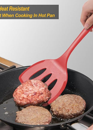 Silicone Pancake Spatula Turner with Lengthened Handle& Seamless Design, Heat Resistant Slotted Flipper for Nonstick Cookware, Large Flexible Kitchen Utensils for Egg, Pancake, Burger, Red