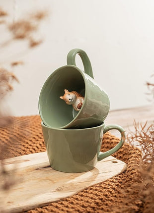 DIHOclub Squirrel Ceramic Cup Hidden 3D Animal Inside Mug,Cute Cartoon Handmade Figurine Mugs,Holiday and Birthday Gift for Coffee Milk Tea Lovers,12 OZ(Light Green)