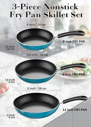 Cook N Home Nonstick Frying Pans Set 3 Piece, 8, 9.5, 11-Inch Kitchen Cooking Skillets Saute Fry Pan Induction Compatible, Turquoise