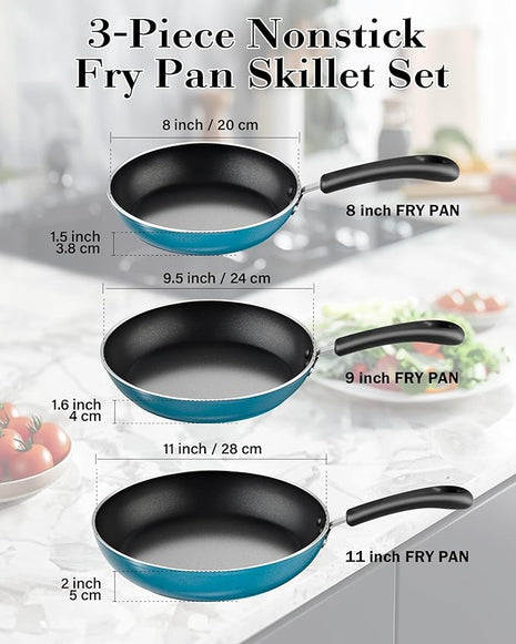 Cook N Home Nonstick Frying Pans Set 3 Piece, 8, 9.5, 11-Inch Kitchen Cooking Skillets Saute Fry Pan Induction Compatible, Turquoise