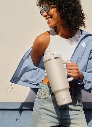 32 oz Tumbler with Handle and Straw: Stainless Steel Insulated Tumbler Keeps Cold for 24 Hours, Leakproof Travel Cup Fits in Cup Holder and BPA-Free, Cream Moon