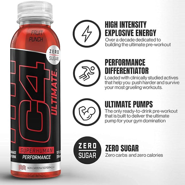 C4 Ultimate Non-Carbonated Zero Sugar Energy Drink, Pre Workout Drink + Beta Alanine, 12 Fl Oz (Pack of 12)