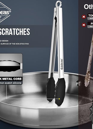 Kitchen Tongs with Silicone Tips, Heat Resistant 600 Degrees All Metal handle Locking Tongs For Cooking with Rubber Tips, Heavy Duty Stainless steel Food Tongs, Set of 3-7" 9" & 12" Black