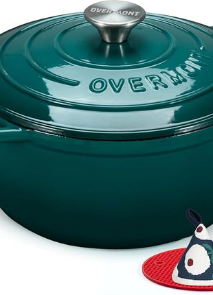 Overmont Enameled Cast Iron Dutch Oven - 7QT Pot with Lid Cookbook & Cotton Potholders - Heavy-Duty Cookware for Braising, Stews, Roasting, Bread Baking bottle green