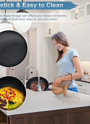 Carbon Steel Wok Pan with Lid & Wood Spatula, 12.5" Cast Iron Stir Fry Pan with Flat Bottom and Wooden Handle for Electric, Induction and Gas Stoves