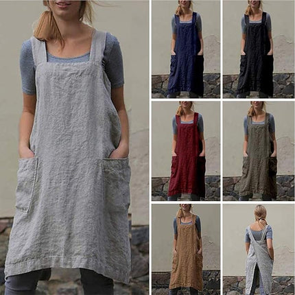Cotton Linen Apron Cross Back Apron for Women with Pockets Pinafore Dress for Baking Cooking