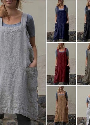 YESDOOD Apron for Womens Cotton Linen Apron Cross Back with Pockets Pinafore Dress for Baking Cooking
