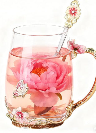 Handicraft Crystal Glass 3D Flower Cups Tea Mug With Tea Spoon Women Coffee, Tea, Juice, Beer, Milk Hot And Cold Drinks Use Gift Package. (Red-Tal)
