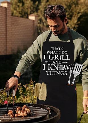 Funny Grilling Aprons for Men - BBQ Cooking Apron with 2 Pockets, Adjustable Neck Strap and 40" Long Ties - That's What I Do I Grill and I Know Things