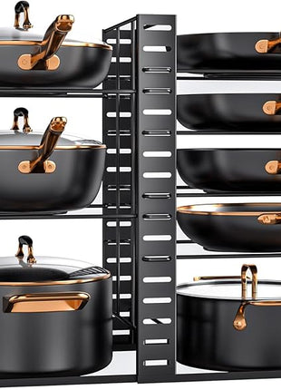 MUDEELA Pots and Pans Organizer Rack under Cabinet 14.55in Height, 8-Tiers Adjustable Pot Rack with 3 DIY Methods, Pot Lid Organizer inside Cabinet for Kitchen Pantry Organization and Storage