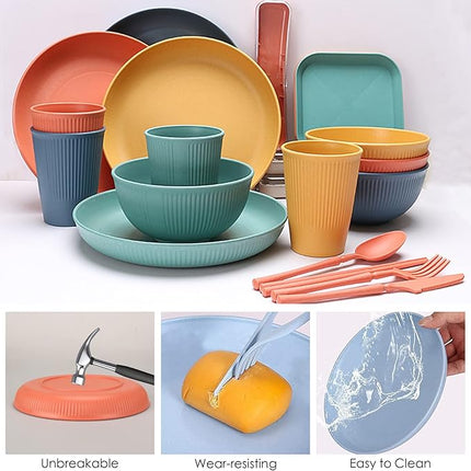 48 Pcs Dinnerware Sets, Unbreakable Plates and Bowls Sets, Reusable Dinnerware Sets for 4 People, Travel Camping Picnic Home Party Cutlery Set, Dishwasher Microwave Safe Dishes