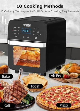 Nuwave Brio Air Fryer Oven, 15.5Qt X-Large Family Size, SS Rotisserie Basket &Skewer-Kit, Reversible Ultra Non-Stick Grill/Griddle Plate, Powerful 1800W, Integrated Smart Thermometer,Black
