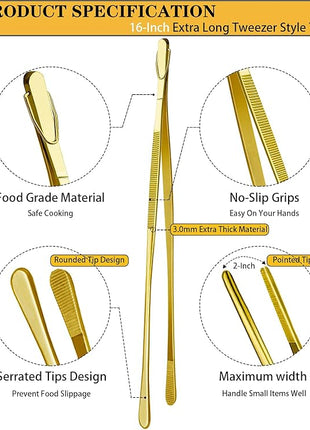 JETKONG 2 Pcs 16-Inch Heavy Duty Cooking Tweezers Extra Large Stainless Steel Food Tweezers Gaint Kitchen Tweezer Tongs (Gold)
