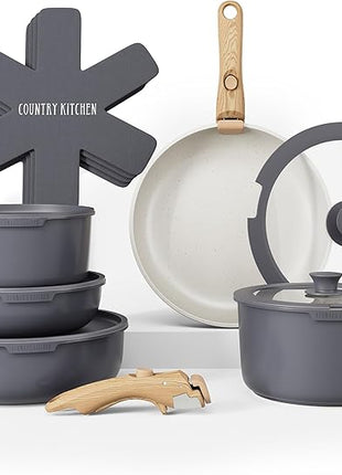Country Kitchen Cookware Set with Removable Handle, Oven & RV Safe Pots and Pans Set, Grey/Ivory Wood Handle, Original