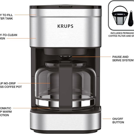 KRUPS Simply Brew Compact 5 Cup Coffee Maker: Stainless Steel Design, Pause & Brew, Keep Warm, Reusable Filter, Drip-Free Carafe (Pack of 4)