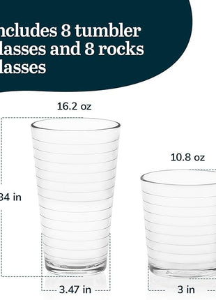 Libbey Hoops Tumbler and Rock Glass Set, Two Sized Nostalgic Retro Glass Cups Set, Dishwasher Safe Glasses Drinking Set of 16 for Any Occasion