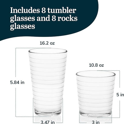 Libbey Hoops Tumbler and Rock Glass Set, Two Sized Nostalgic Retro Glass Cups Set, Dishwasher Safe Glasses Drinking Set of 16 for Any Occasion