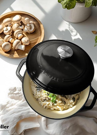 MUELLER HOME 7.5 QT Enameled Cast Iron Dutch Oven, Heavy-Duty, Oven-Safe up to 500° F & Across All Cooktops, Casserole Dish and Braiser Pan with Lid and Stainless Knob, Black