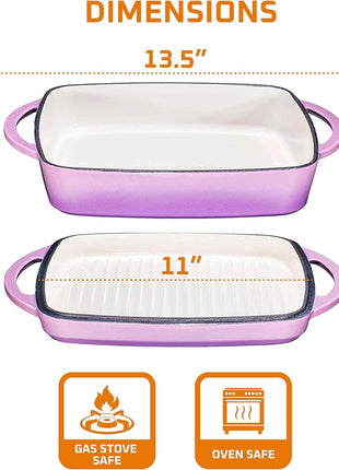 Bruntmor 2-in-1 Square Enamel Cast Iron Dutch Oven Baking Pan with Handles, Purple Baking Pans Set with Cast Iron Skillet, Braising Pan for Casserole Dish with lid, Oven Safe