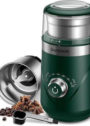 SHARDOR Electric Super Silent Blade Coffee Grinder, Timed Grind Control Rotary Knob, Adjustable Coarse to Fine for Coffee Beans, Spices & Herbs, with 1 Removable Stainless Steel Bowl, Green