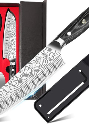 MOSFiATA Santoku Knife- 7 Inch Vegetable Knife Ultra Sharp Chopping Knife- Forged EN.4116 German Steel- Including Sheath,Finger Guard,Knife Sharpener,Full Tang,Best Gifts with Handmade Gift Box