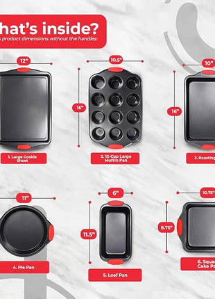PERLLI Non-Stick 6-Piece Baking Pan Set, BPA-Free Carbon Steel Bakeware Set with Silicone Handles, Stackable Kitchen Oven Set, Cookie Sheet, Baking Tray, Baking Sheet Set, Oven Safe (446°F)