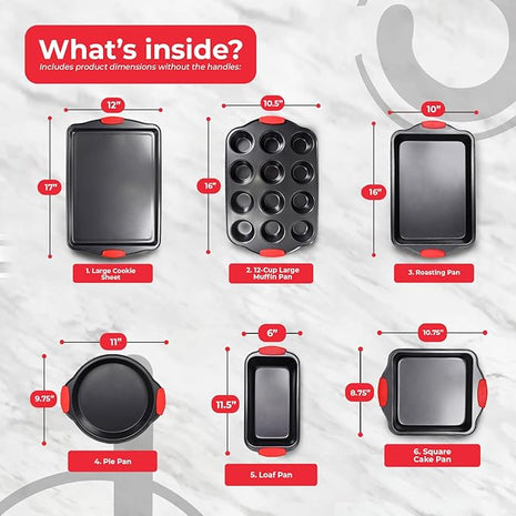 PERLLI Non-Stick 6-Piece Baking Pan Set, BPA-Free Carbon Steel Bakeware Set with Silicone Handles, Stackable Kitchen Oven Set, Cookie Sheet, Baking Tray, Baking Sheet Set, Oven Safe (446°F)