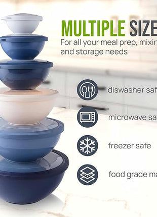 Zulay Kitchen 12 Piece Plastic Mixing Bowls with Leak-Proof Lids Set - Microwave and Freezer Safe Kitchen Mixing Bowls for Preparing, Serving and Storing - Large Nesting Bowls (Navy Ombre)